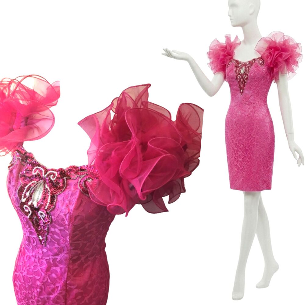 VTG 80s Dave & Johnny Hot Pink Lace Wiggle Dress Dramatic Puff Organza Sleeve XS